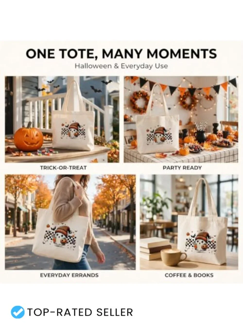 Halloween Ghost Canvas Tote Bag for Trick or Treating, Reusable Fall Gift
